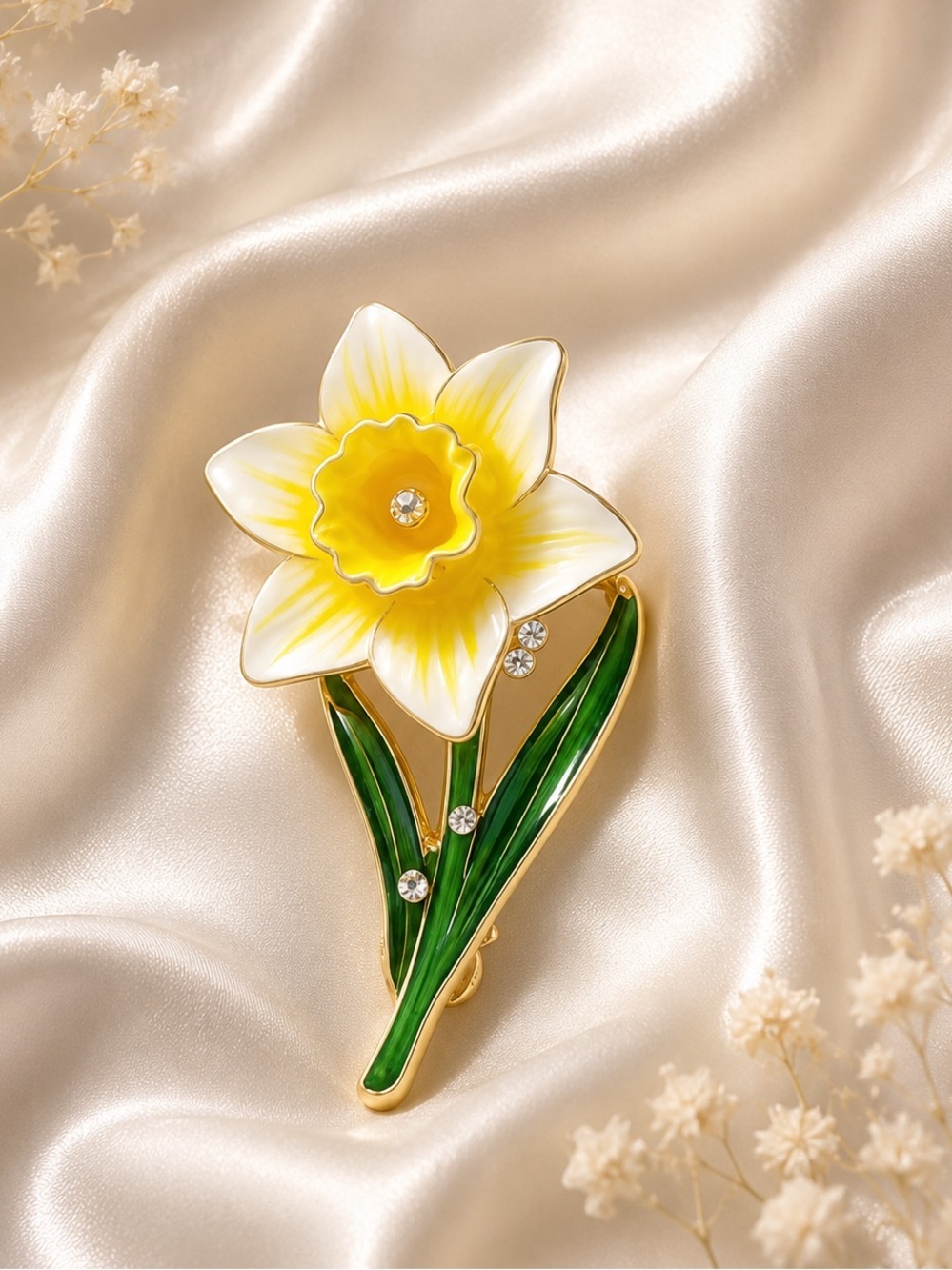 Yellow Daffodil Flower Gold Brooch - Picture 8 of 8